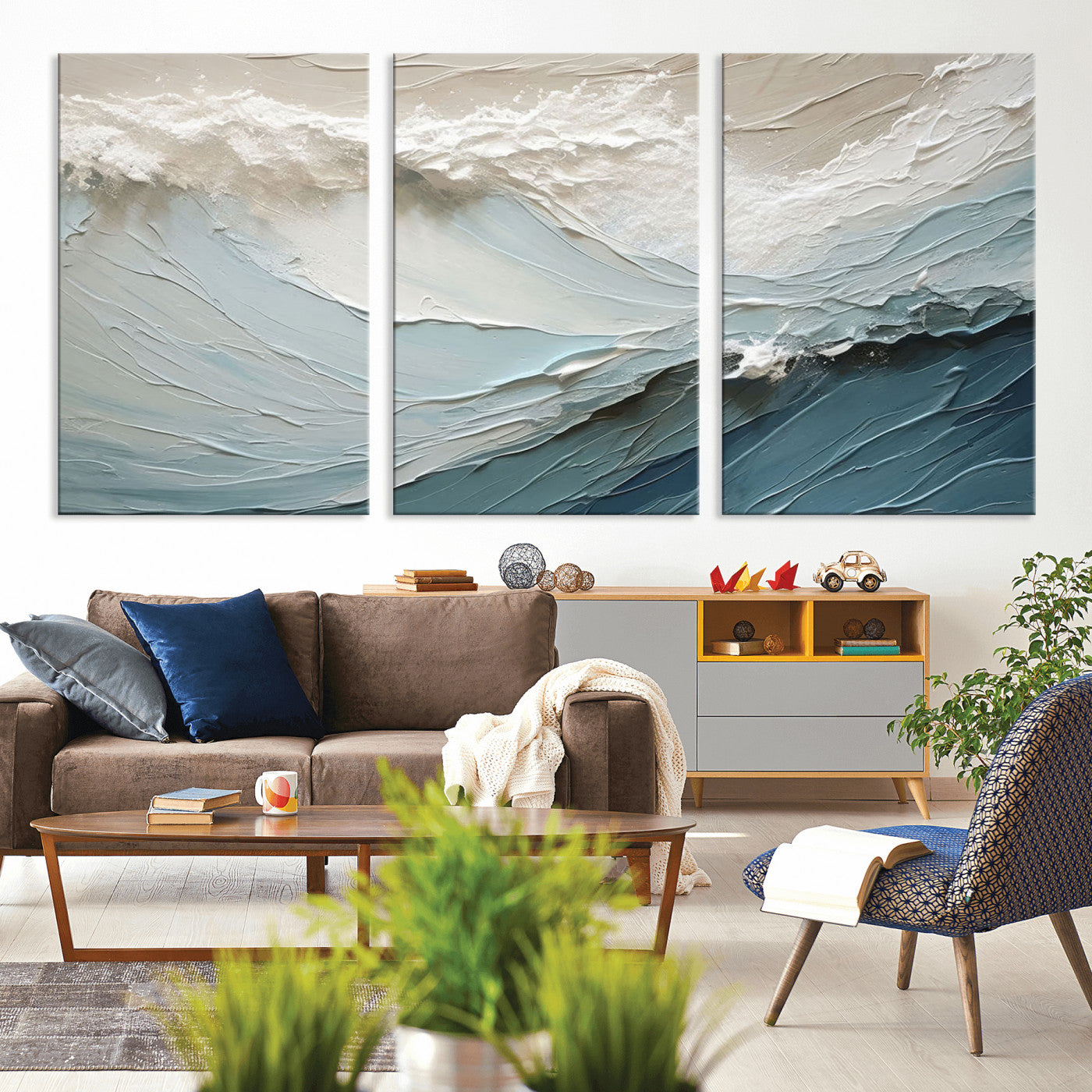 MGV-CV-60X30-3P - Waves Abstract Wall Art Print, Modern Framed Abstract Canvas Print, Abstract Painting for Living