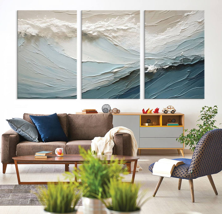 Waves Abstract Wall Art Print displayed on a porch with white siding.