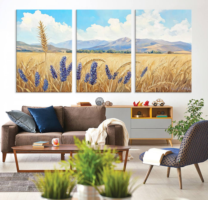 Abstract Wheat Field Wall Art, featuring a scenic landscape canvas print of golden wheat and lavender, adds charm to any farmhouse or rustic decor.