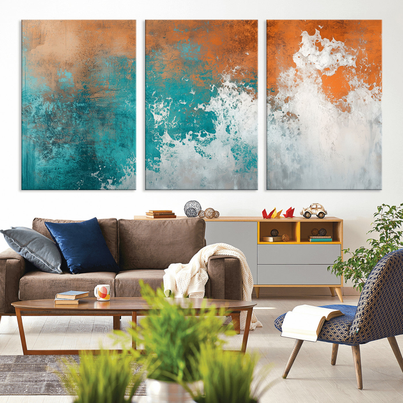 MGV-CV-60X30-3P - Vintage Abstract Print - Bold Teal and Orange Canvas Wall Art - Retro-Vintage Abstract Orange Canvas