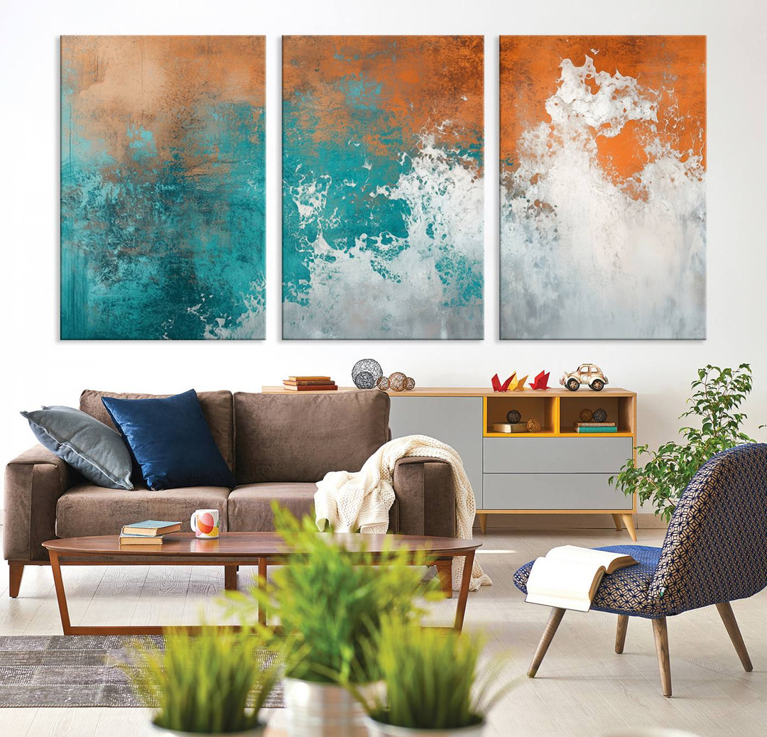 Vintage Abstract Print - Bold Teal and Orange Canvas Wall Art - Retro-Vintage Abstract Orange Canvas for Modern Decor