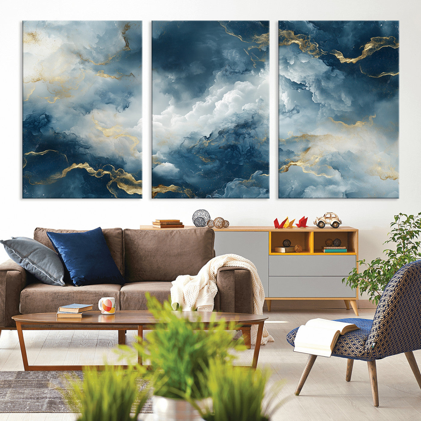MGV-CV-60X30-3P - Large Abstract Print - Luxe Blue and Gold Abstract Canvas Wall Art - Bold Cloudscape Canvas for