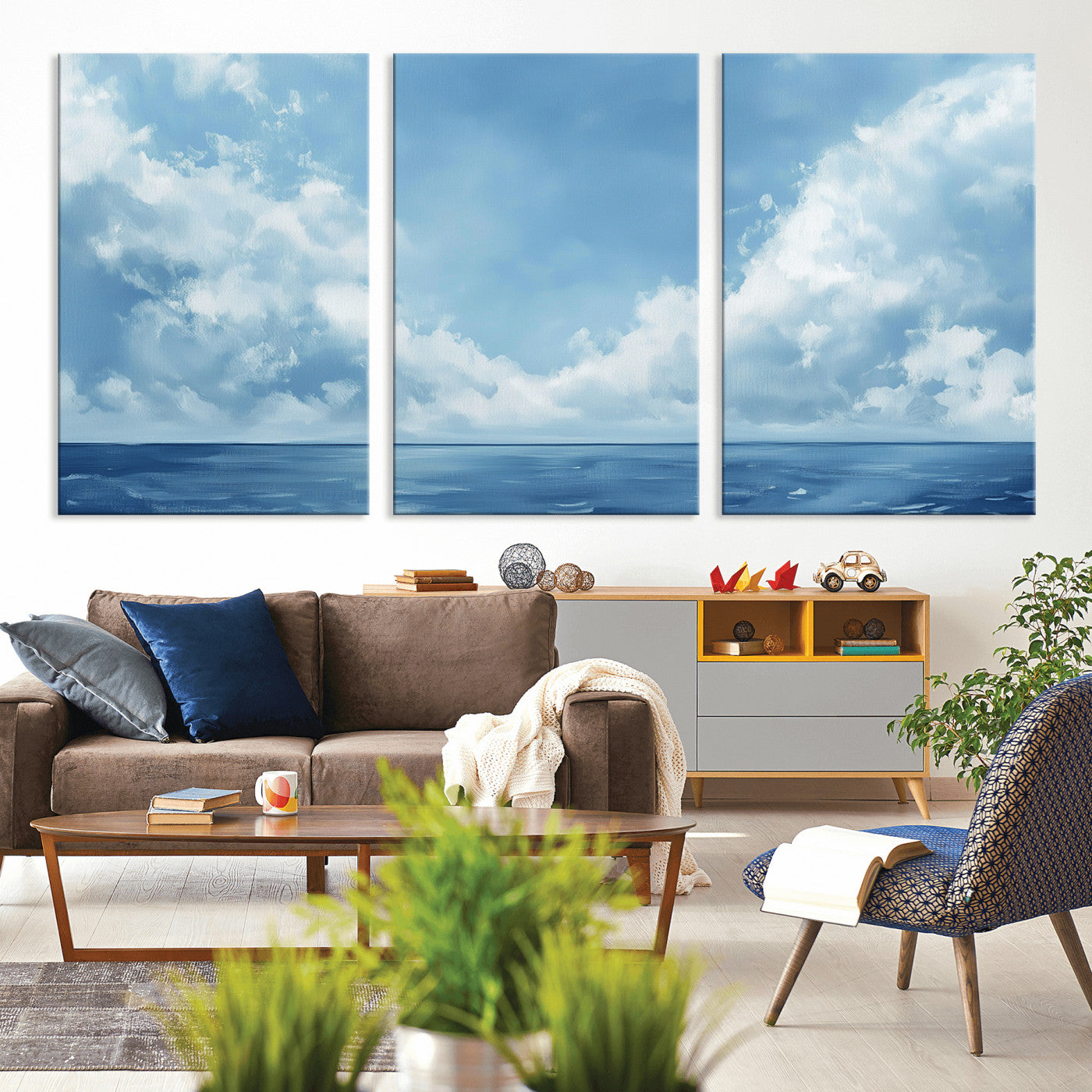 MGV-CV-60X30-3P - Abstract Ocean Print Artwork- Serene Blue Ocean Canvas Wall Art - Minimalist Ocean and Sky Canvas