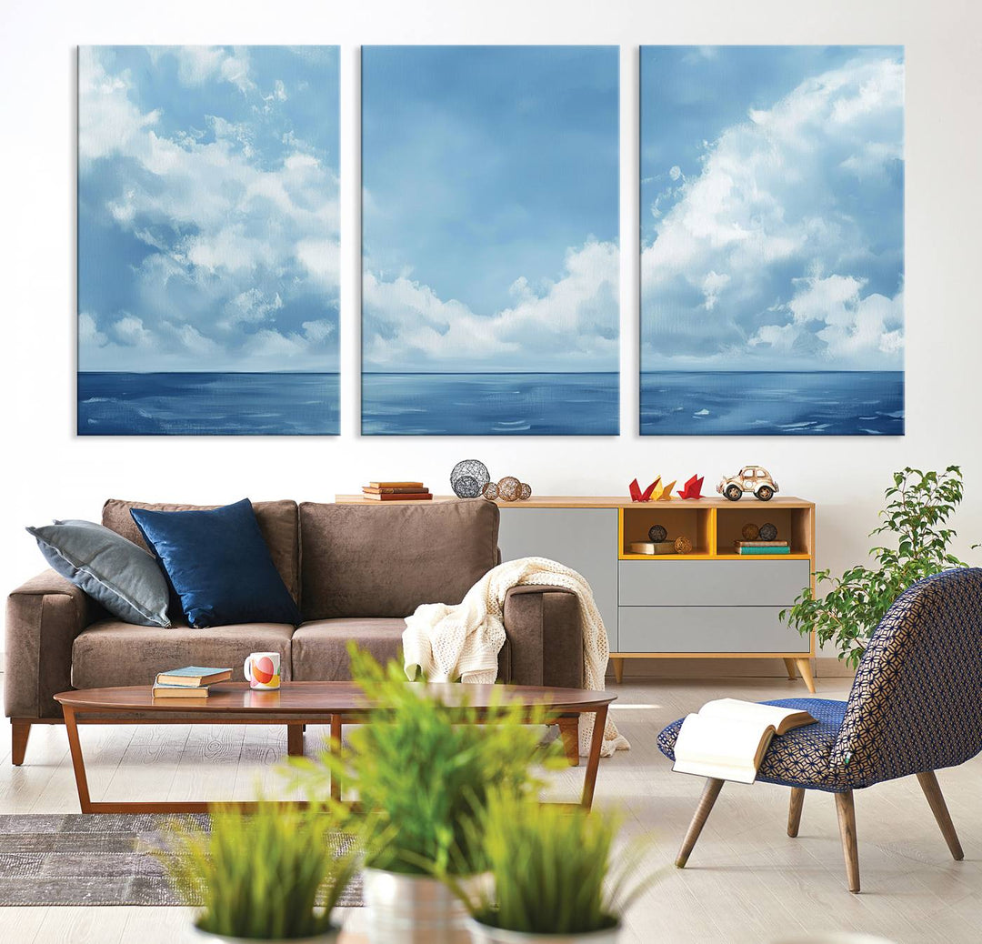 Abstract Ocean Print - Serene Blue Canvas displayed on a porch featuring minimalist decor.