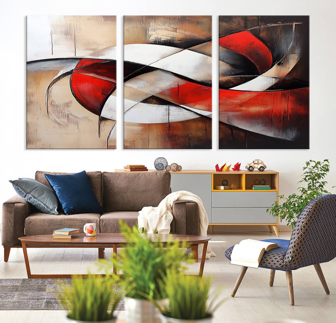 In a contemporary living room, the sunlight casts artistic shadows and highlights an abstract triptych wall art featuring bold red and white geometric shapes.