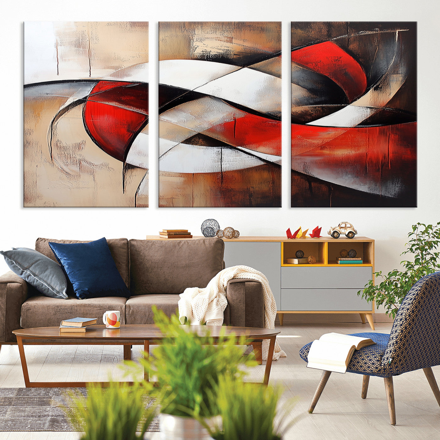 MGV-CV-60X30-3P - Abstract Wall Art - Modern Red and White Canvas Wall Art Print - Bold Geometric Abstract Canvas for