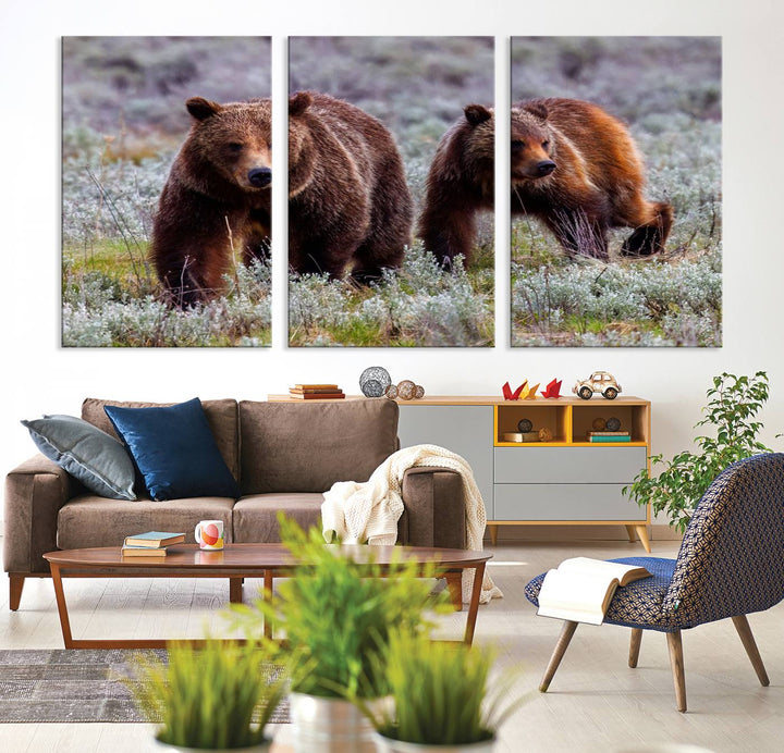 The "Grizzly 399 in Wild Flowers" wall art canvas print, showcasing grizzly bears amidst vibrant wildflowers, elegantly captures the enchanting essence of nature. This handmade piece from the USA brings striking beauty to any space.