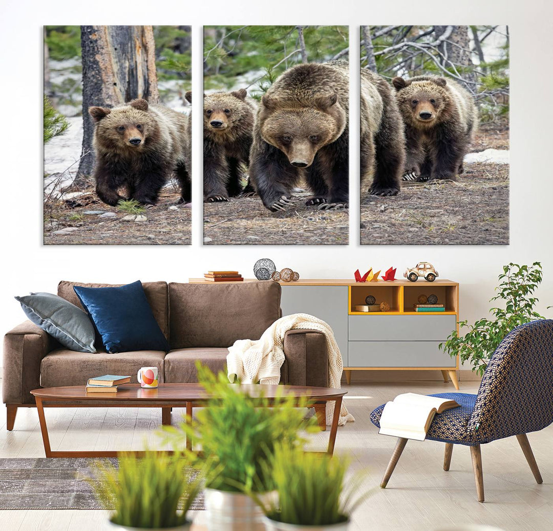 The Grizzly 399 and Cubs in Wild Flowers Wall Art Canvas Print, depicting grizzly bears amidst wildflowers, is elegantly displayed.