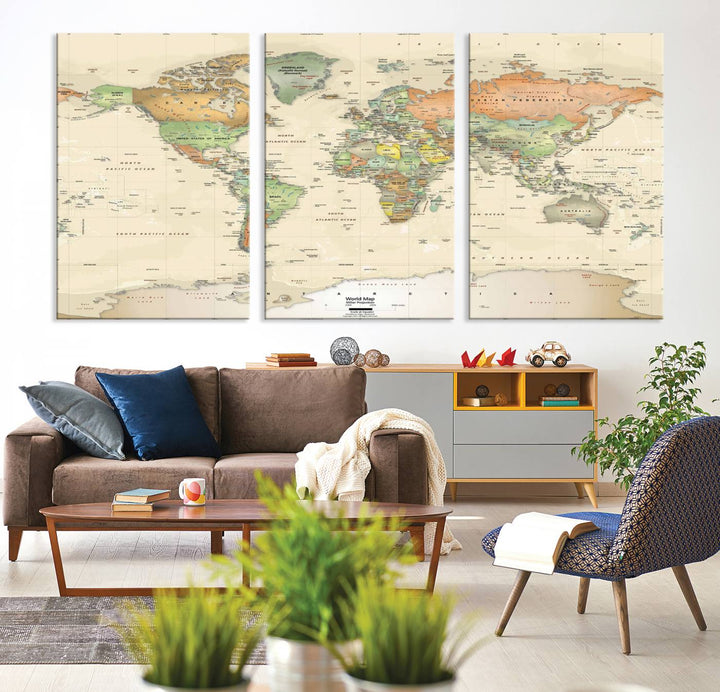 The Large Push Pin World Map Wall Art Canvas Print, with a gallery-quality finish, is carefully crafted on premium canvas and handmade in the USA. This piece adds a touch of elegance to any space.