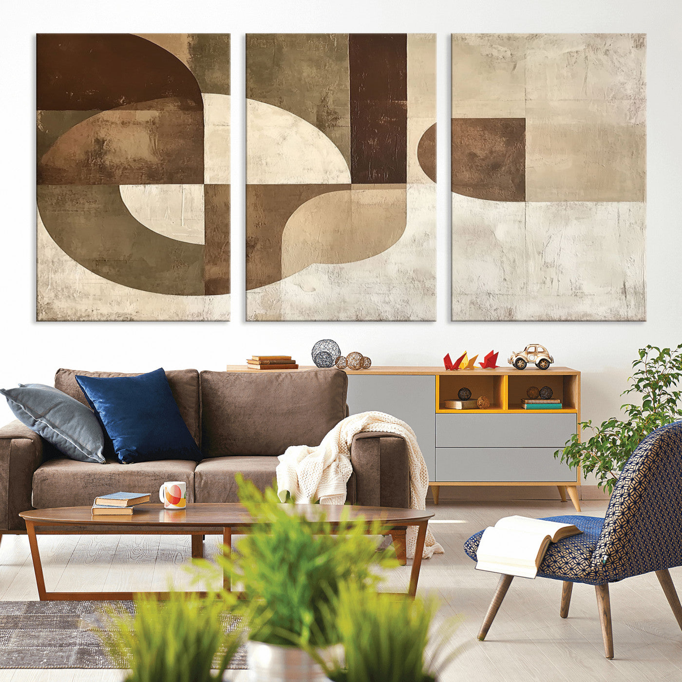 MGV-CV-60X30-3P - Wabi Sabi Geometric Wall Art | Abstract Modern Minimalist Canvas Print with Neutral Mid Century Art