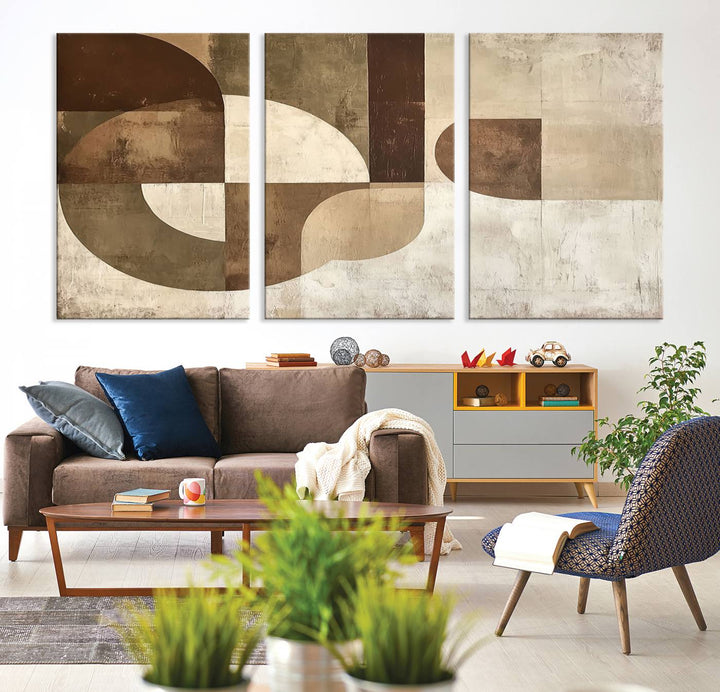 A Wabi Sabi Geometric Minimalist Wall Art Canvas Print—with a modern abstract geometric design in brown and beige tones—stands proudly in front of a house.