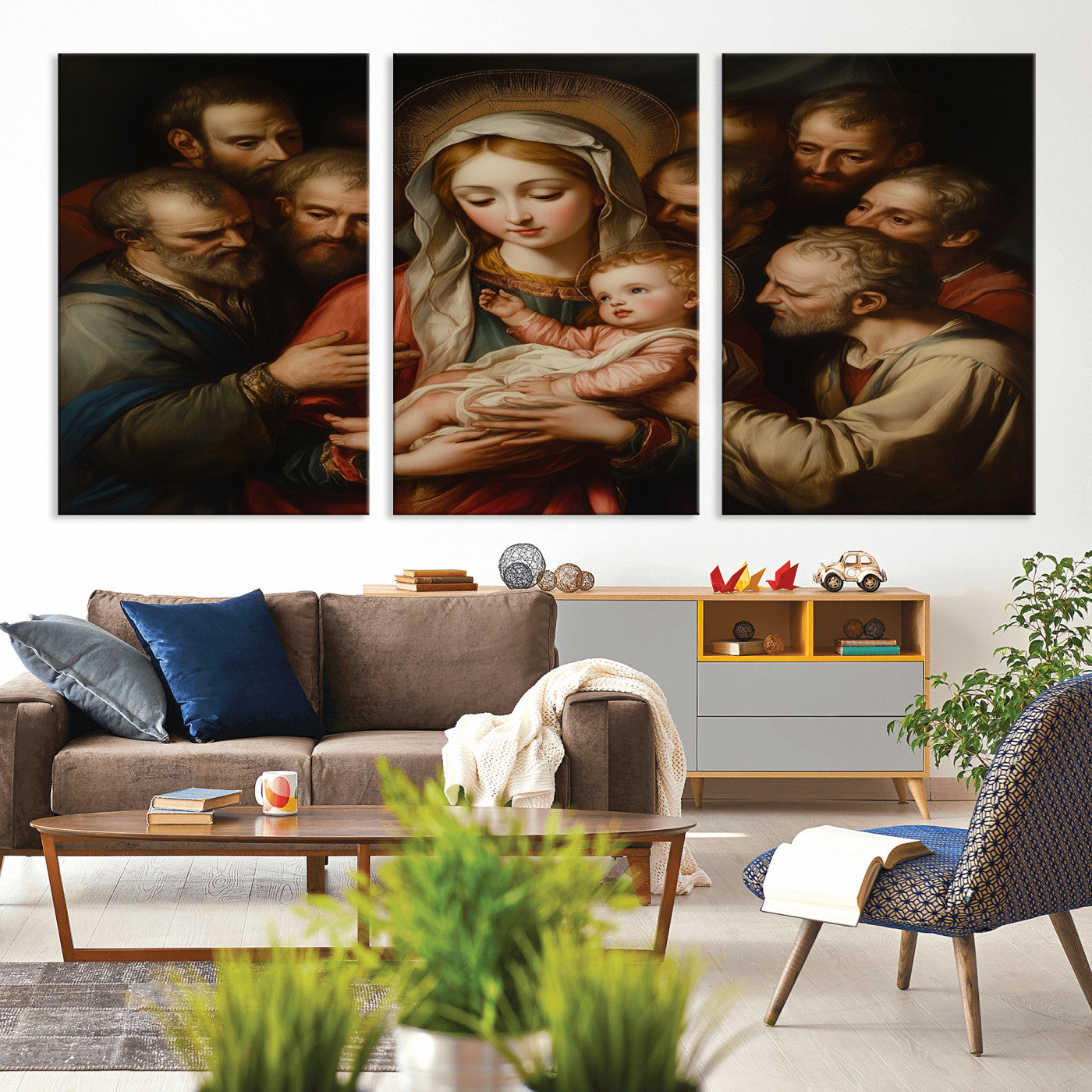 MGV-CV-60X30-3P - Religious Canvas Wall Art Print - Madonna and Child with Apostles Art Print - Classic Christian
