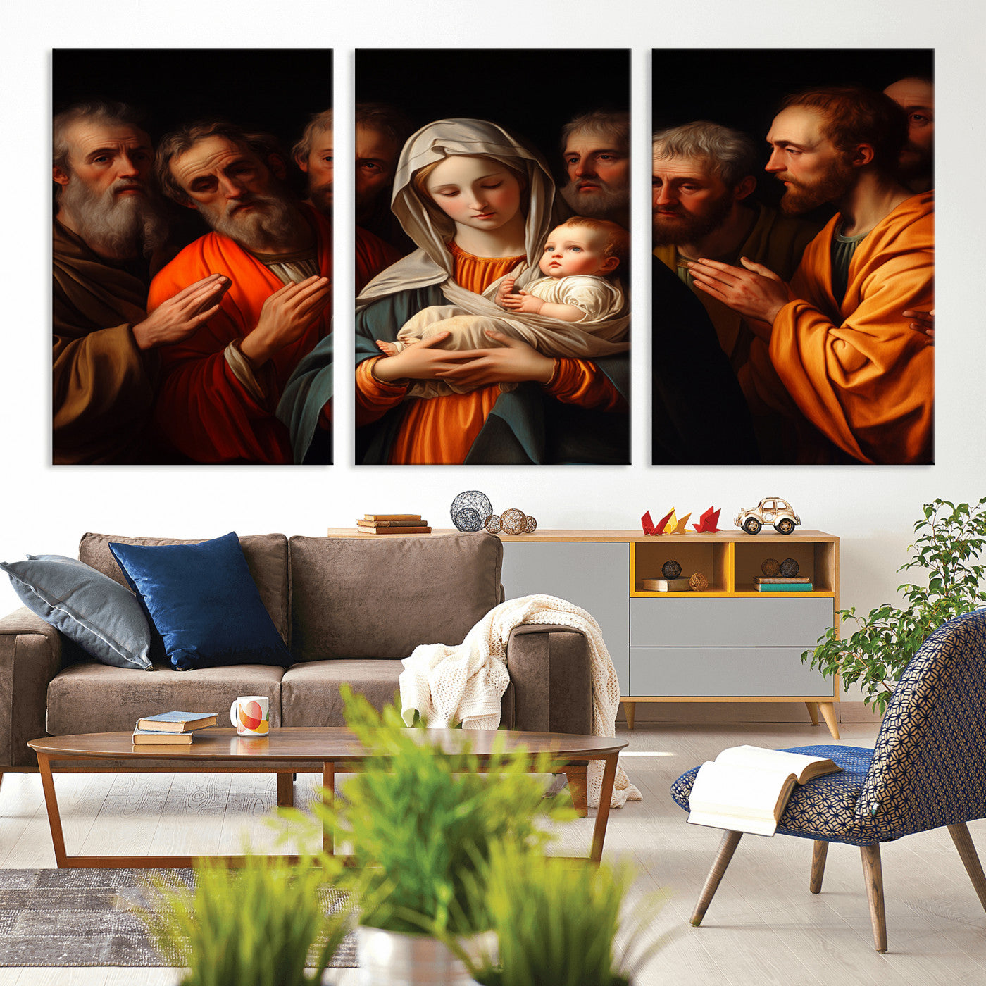 MGV-CV-60X30-3P - Religious Canvas Wall Art Print - Madonna and Child with Apostles Art Print - Classic Christian