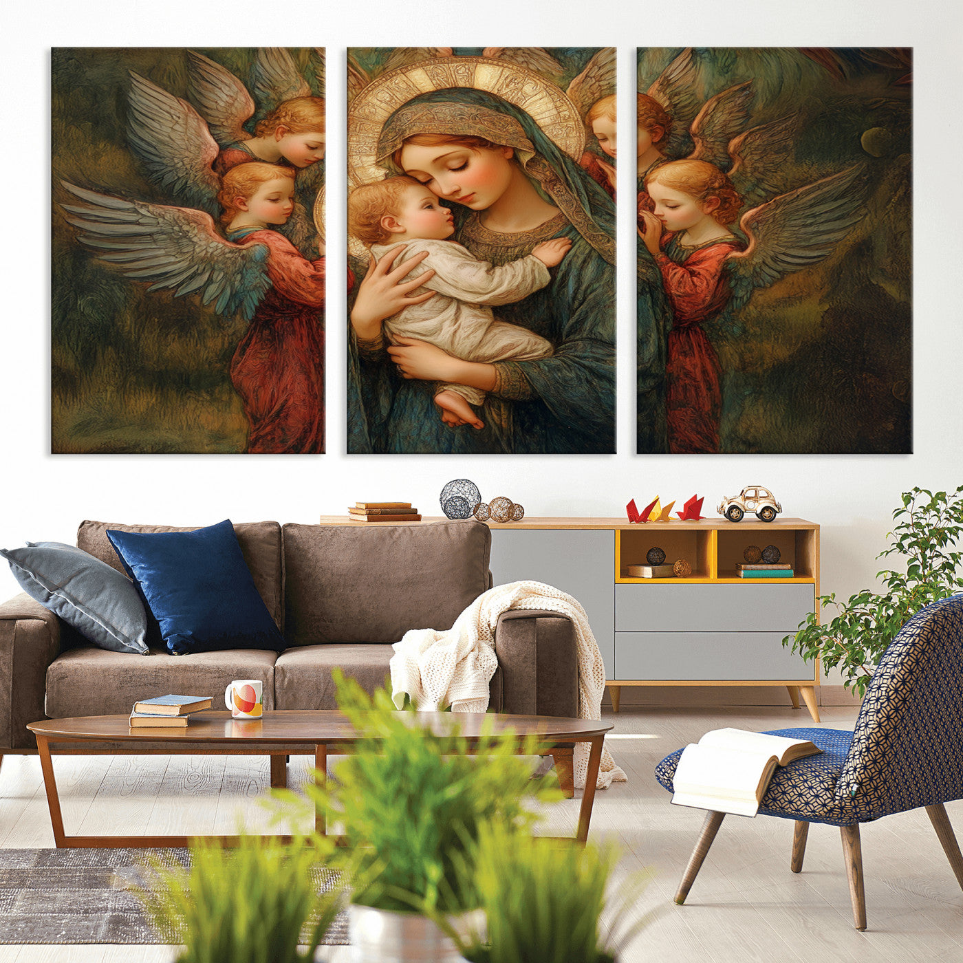 MGV-CV-60X30-3P - Mary Jesus Canvas Wall Art Print - Madonna and Child with Angels Art Print - Classic Christian