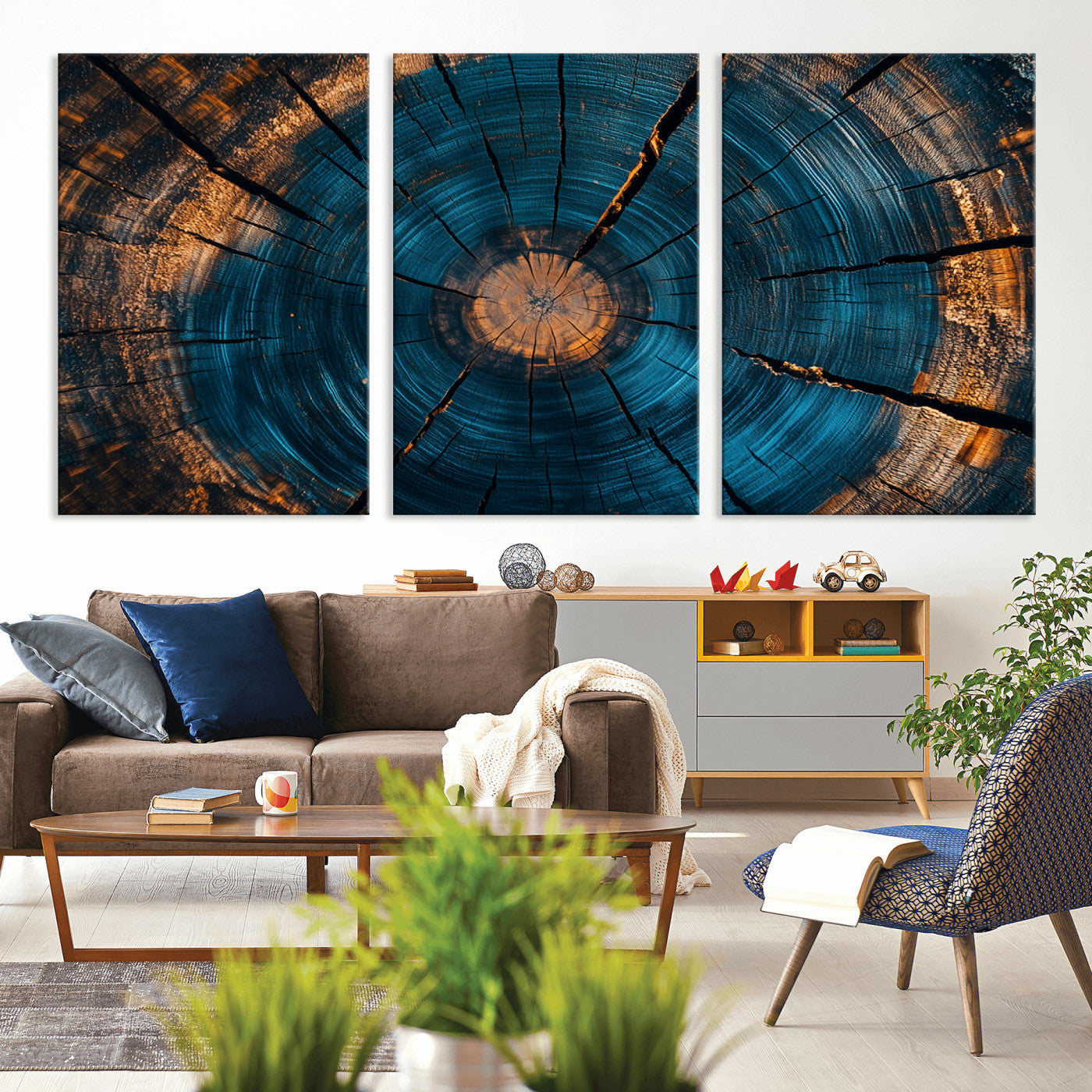 MGV-CV-60X30-3P - Abstract Tree Rings Wall Art Canvas Print - Wood Grain Rings Artwork Print - Nature Woodland Modern