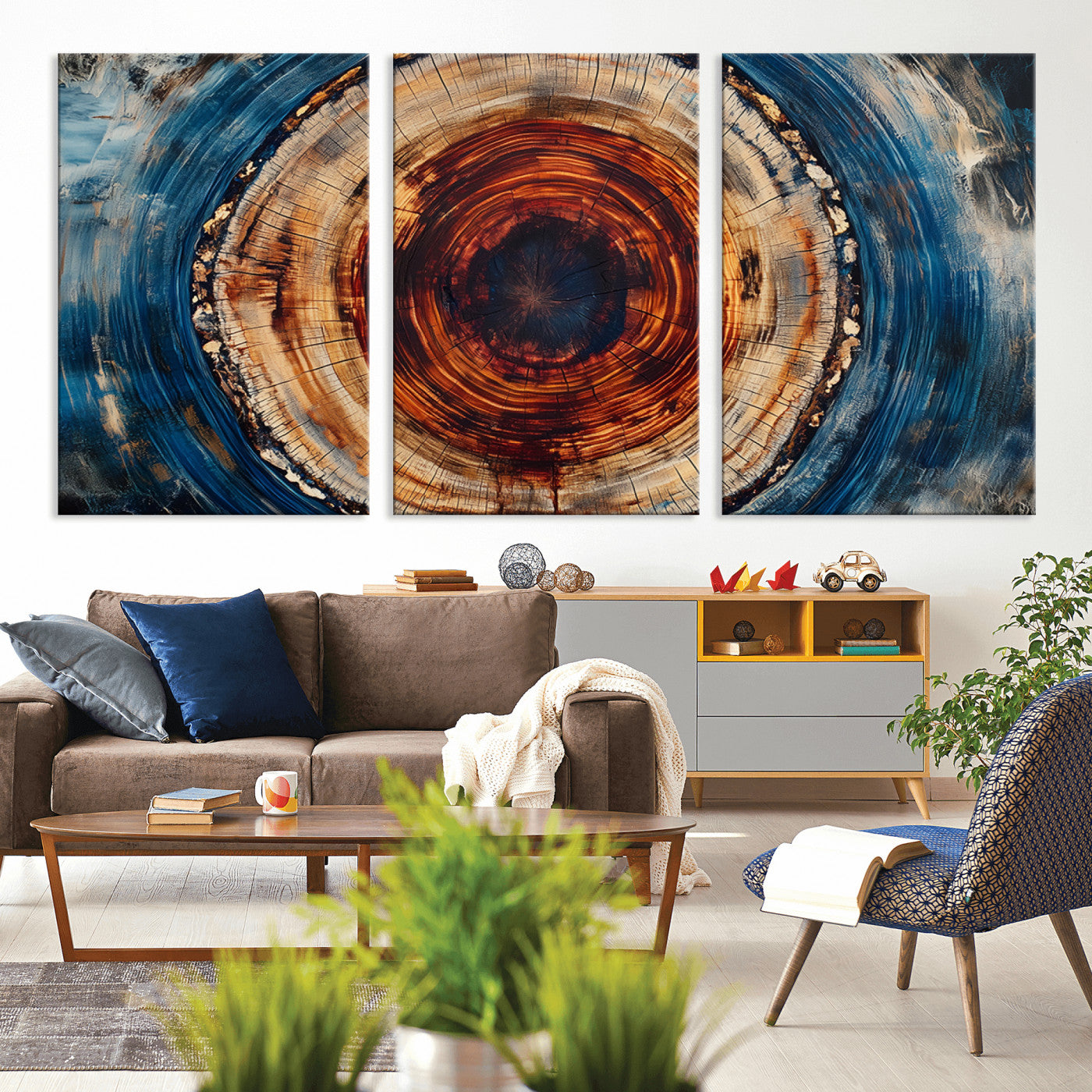 MGV-CV-60X30-3P - Abstract Framed Tree Rings Wall Decor, Wood Grain Rings Artwork Print, Nature Woodland Modern Wall