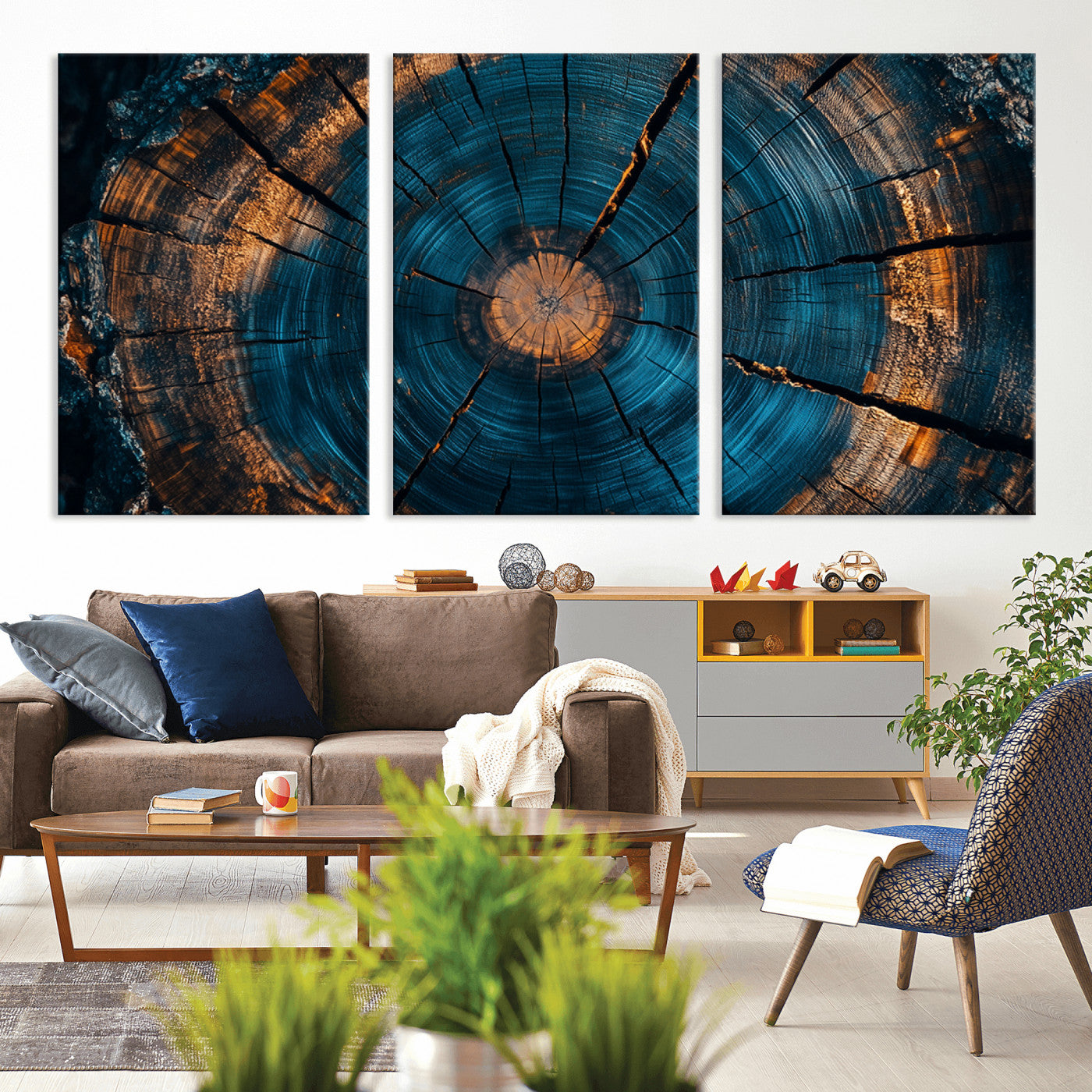 MGV-CV-60X30-3P - Farmhouse Wall Art - Abstract Tree Rings Canvas Wall Art Print, Framed Wood Grain Rings Artwork