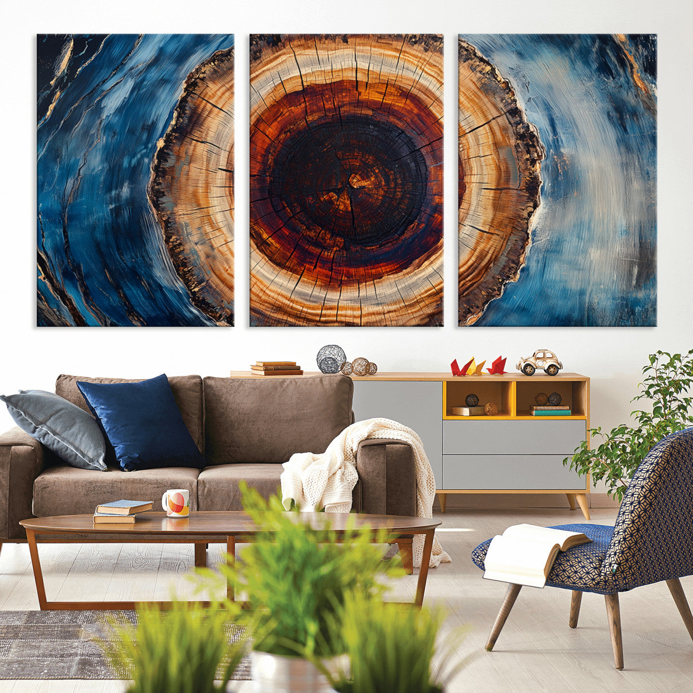 MGV-CV-60X30-3P - Framed Abstract Tree Ring Wall Art Print, Natural Rustic Wood Texture Canvas Print, Wood Tree Stump