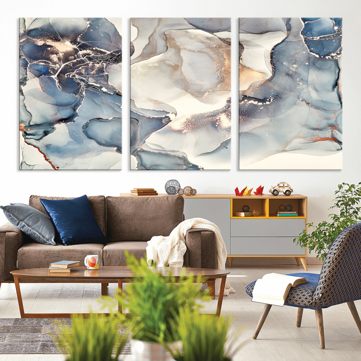 MGV-CV-60X30-3P - Abstract Blue and Gold Canvas Wall Art - Fluid Ink Artwork - Modern Luxury Wall Decor for Contemporary Interiors