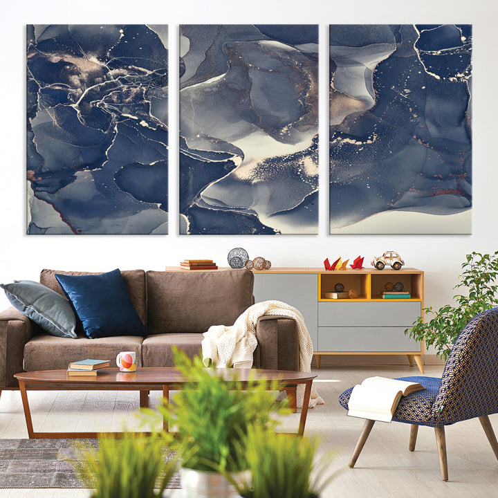 Large Abstract Blue and Gold Canvas Wall Art | Fluid Ink Artwork Print | Luxury Wall Decor for Contemporary Interiors | Framed Ready to Hang