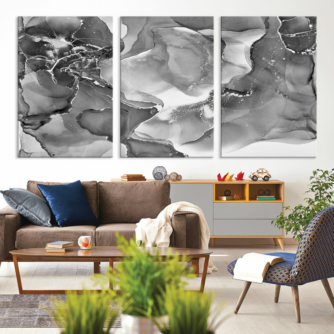 MGV-CV-60X30-3P - Black White Abstract Canvas Wall Art - Fluid Ink Artwork - Modern Luxury Wall Decor for Contemporary