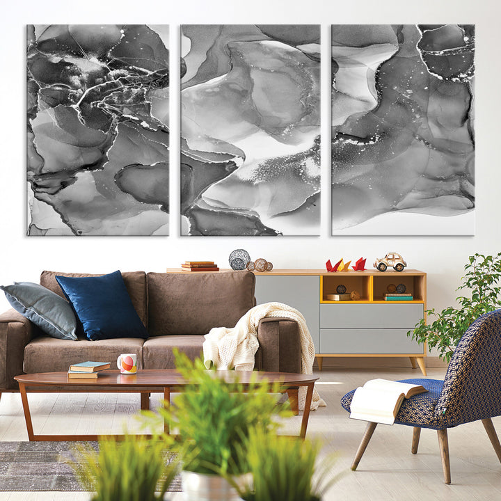 Black White Abstract Canvas Wall Art - Fluid Ink Artwork - Modern Luxury Wall Decor for Contemporary Interiors