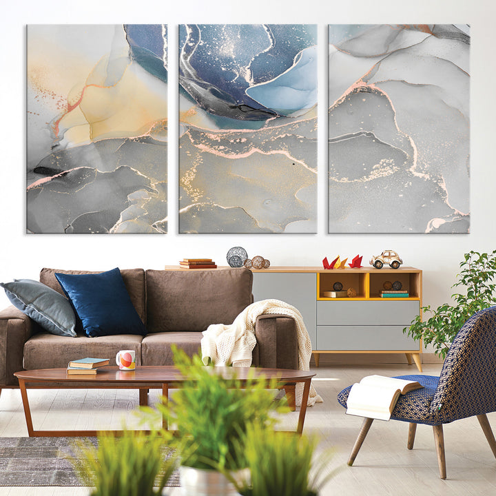 Large Abstract Blue and Gold Canvas Wall Art | Fluid Ink Artwork Print | Luxury Wall Decor for Contemporary Interiors | Framed Blue and Gold