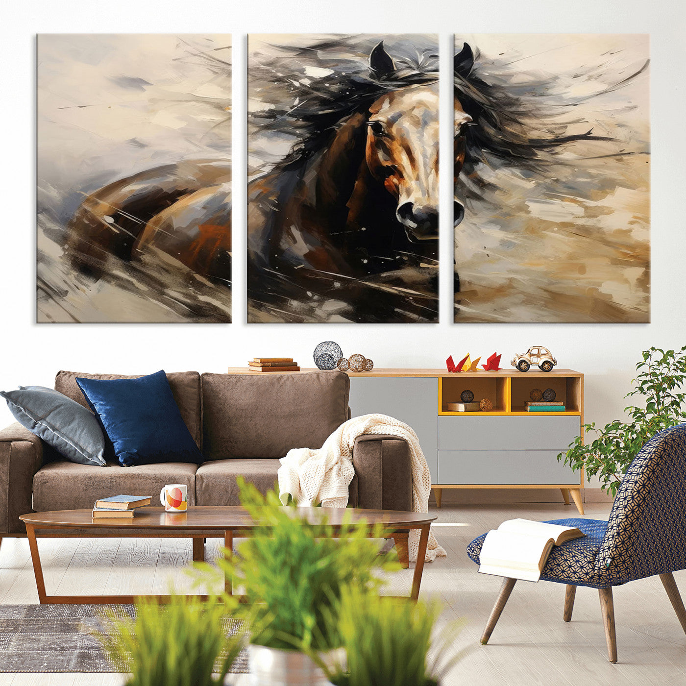 MGV-CV-60X30-3P - Abstract Wall Art Horse Print - Large Western Horse Canvas - Farmhouse Woodland Wall Art - Framed