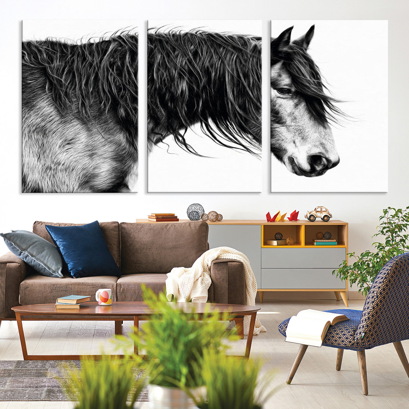 A stunning black-and-white portrait of a horse with a flowing mane, captured in dramatic detail and emotion.