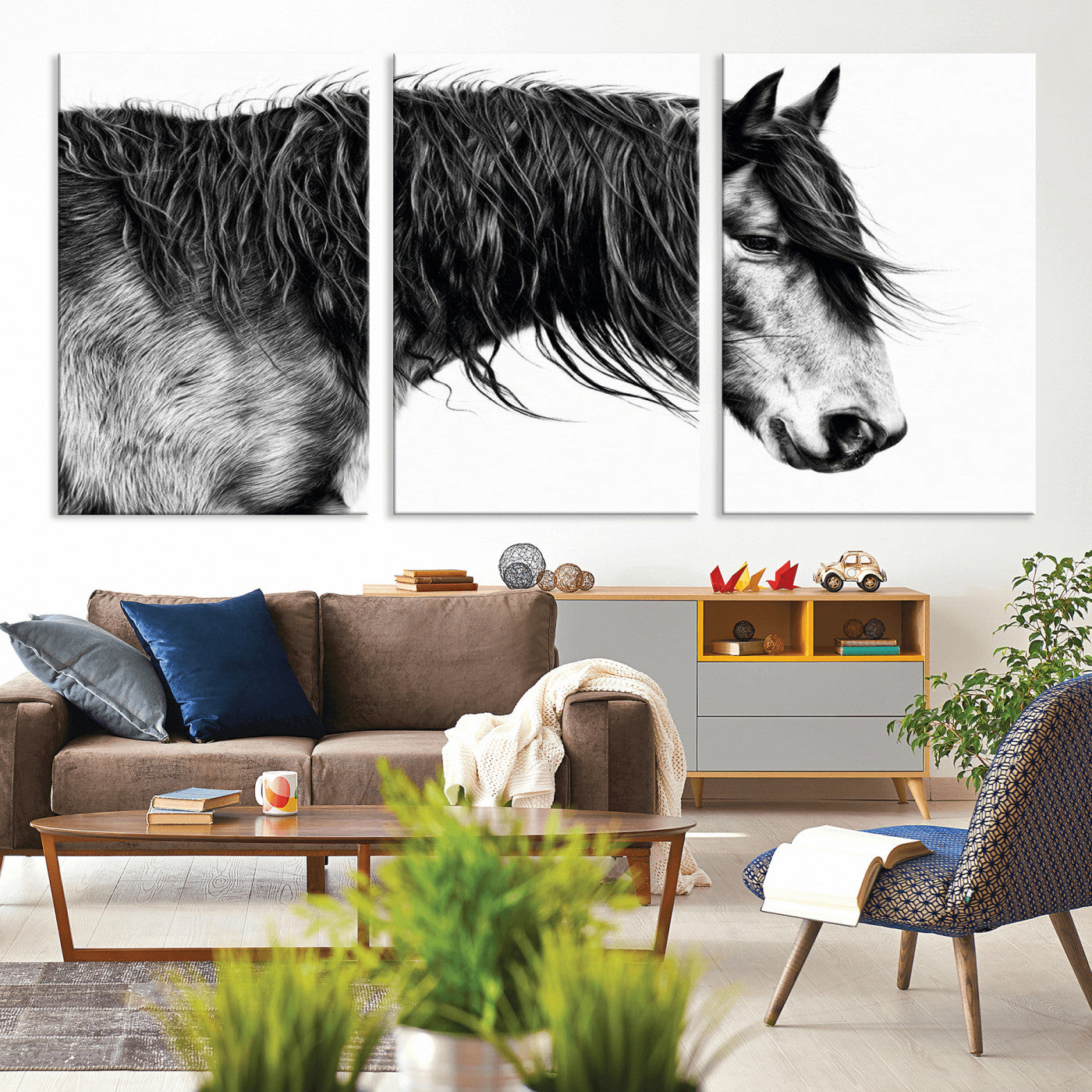 MGV-CV-60X30-3P - Black Horse Wall Art Canvas Print for Farmhouse Decor and Woodland Decoration