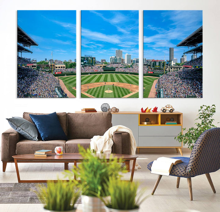 The Wrigley Field Chicago Cubs canvas art, depicting the iconic stadium, is perfect for sports lovers.