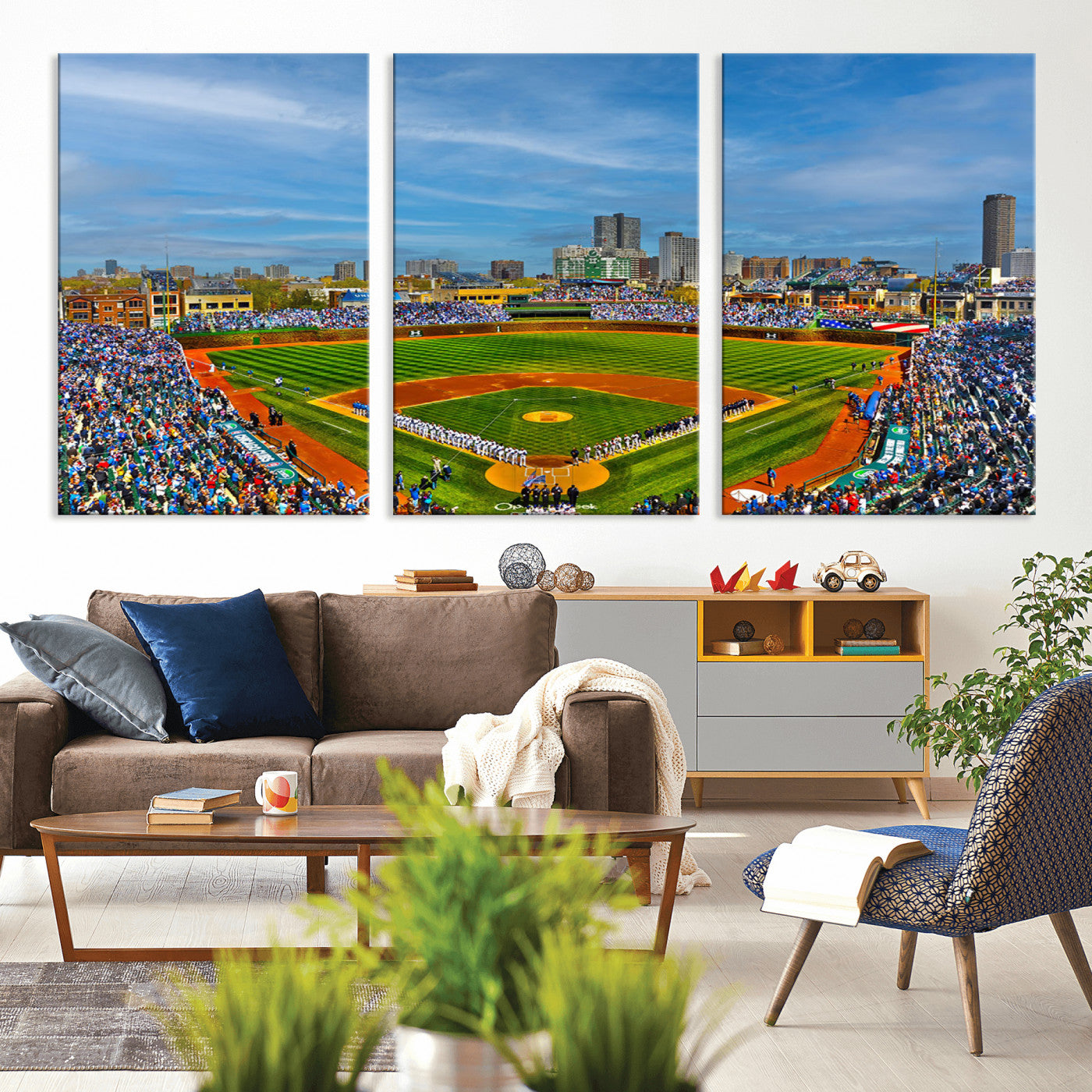 MGV-CV-60X30-3P - Wrigley Field Chicago Cubs Panoramic Multi Piece Canvas Wall Art - Iconic Baseball Stadium Canvas
