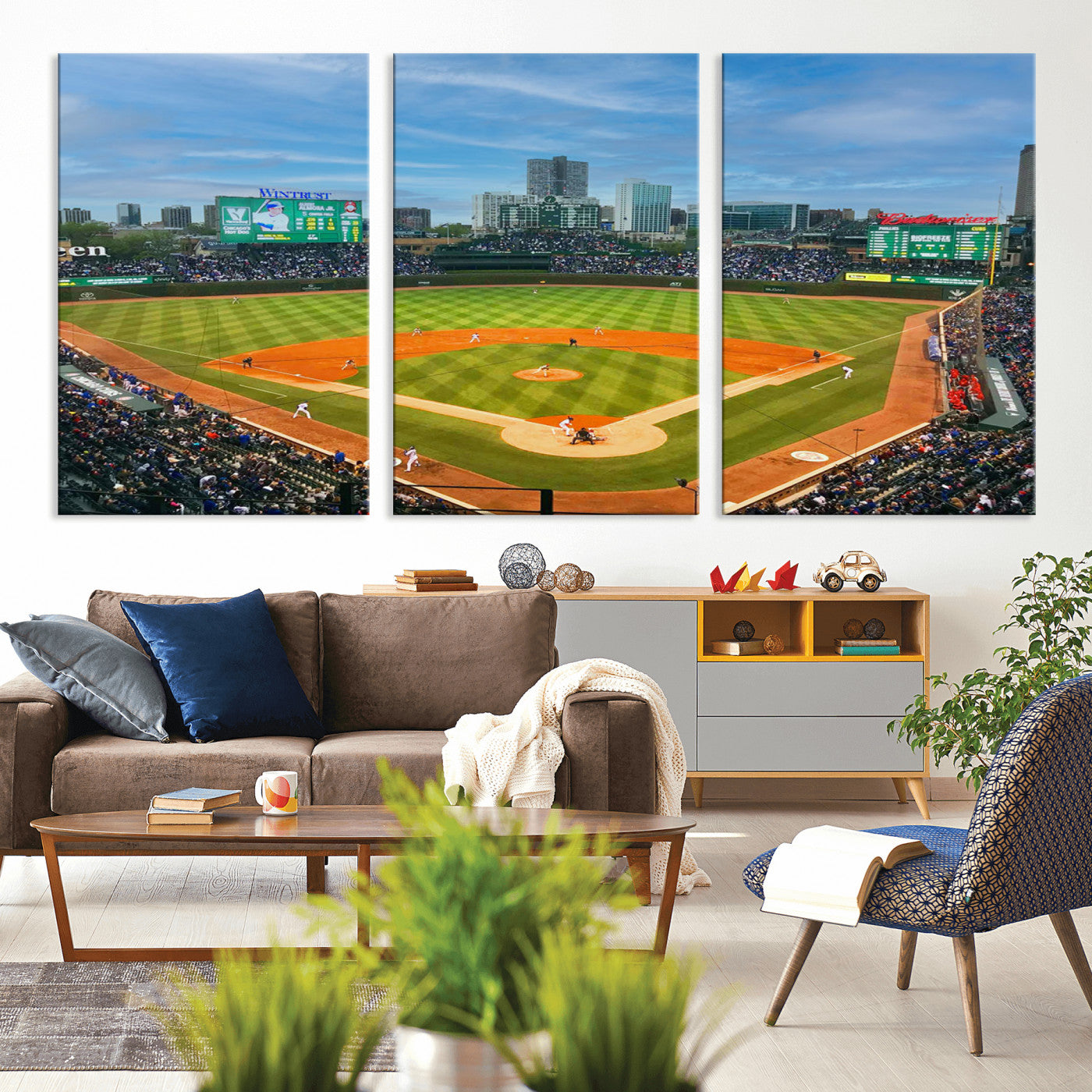 MGV-CV-60X30-3P - Wrigley Field Chicago Cubs Panoramic Multi Piece Canvas Wall Art - Iconic Baseball Stadium Print for