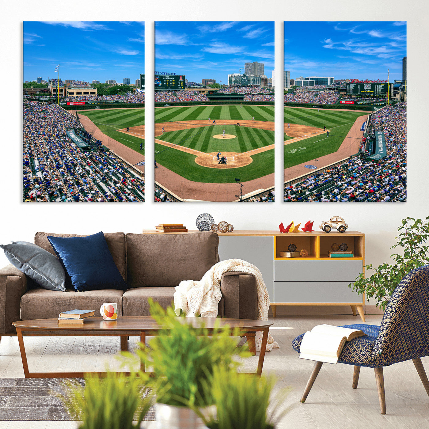 26064-MGV-CV-30X20-Framed Wrigley Field Chicago Cubs Print, Panoramic Multi Piece Canvas Wall Art - Iconic Baseball Stadium Print for Sports Lovers - Ready to