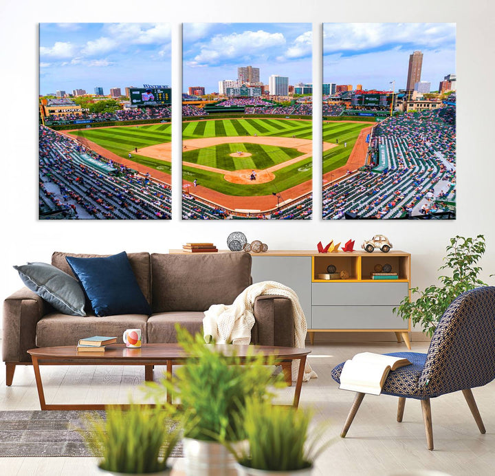 A 3-piece panoramic canvas wall art showcases an aerial view of a packed Chicago Cubs game at Wrigley Field, perfect for sports lovers.