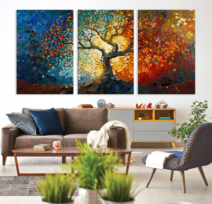 Mosaic Tree Canvas Wall Art: A stunning stained glass-inspired Tree of Life featuring blue and orange swirling patterns reminiscent of a sunburst.