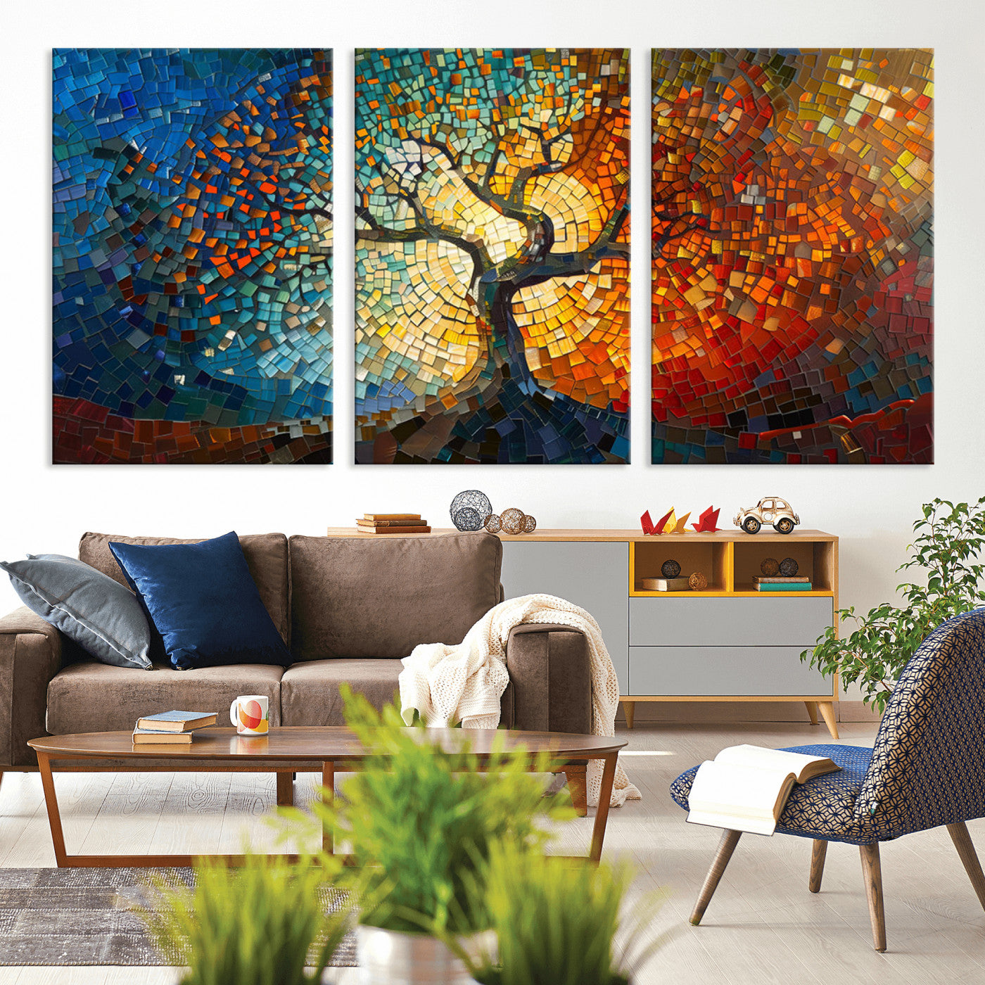 MGV-CV-60X30-3P - Mosaic Tree Canvas Wall Art Canvas Print – Vibrant Stained Glass-Inspired Tree of Life - Ready to