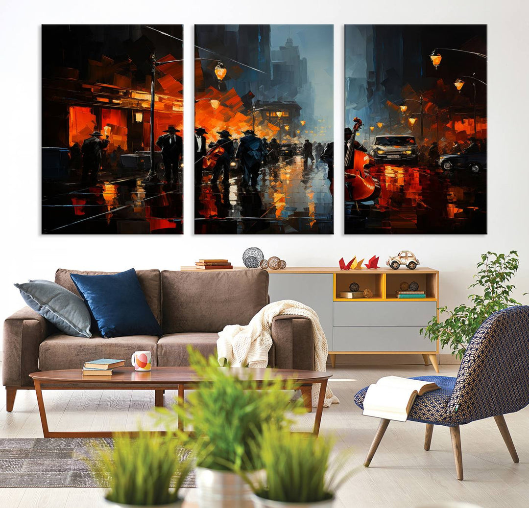 Framed Abstract Music Canvas: Jazz musicians on a rainy city street at night, with warm lights reflecting on wet pavement.