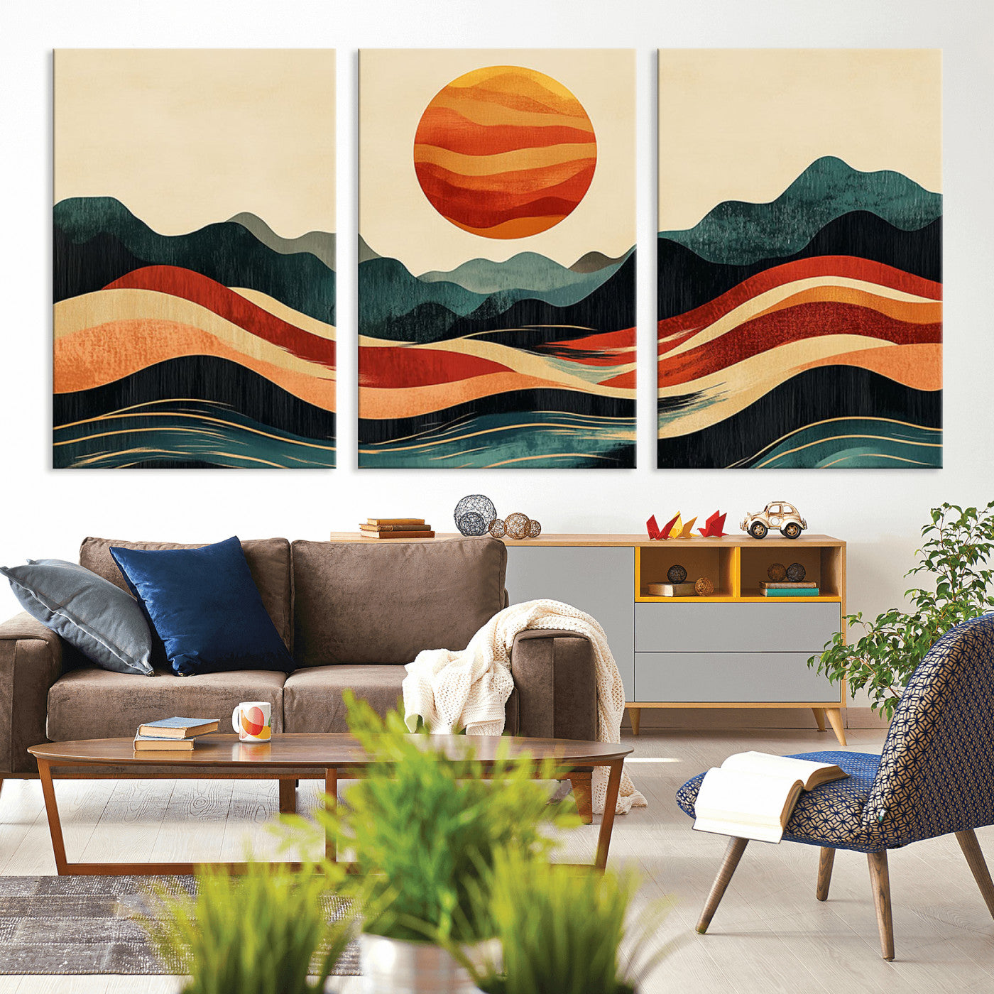 MGV-CV-60X30-3P - Mountain Triptych Wall Art - Western Nature Prints - Framed Boho Pine Tree Canvas for Log Cabin or
