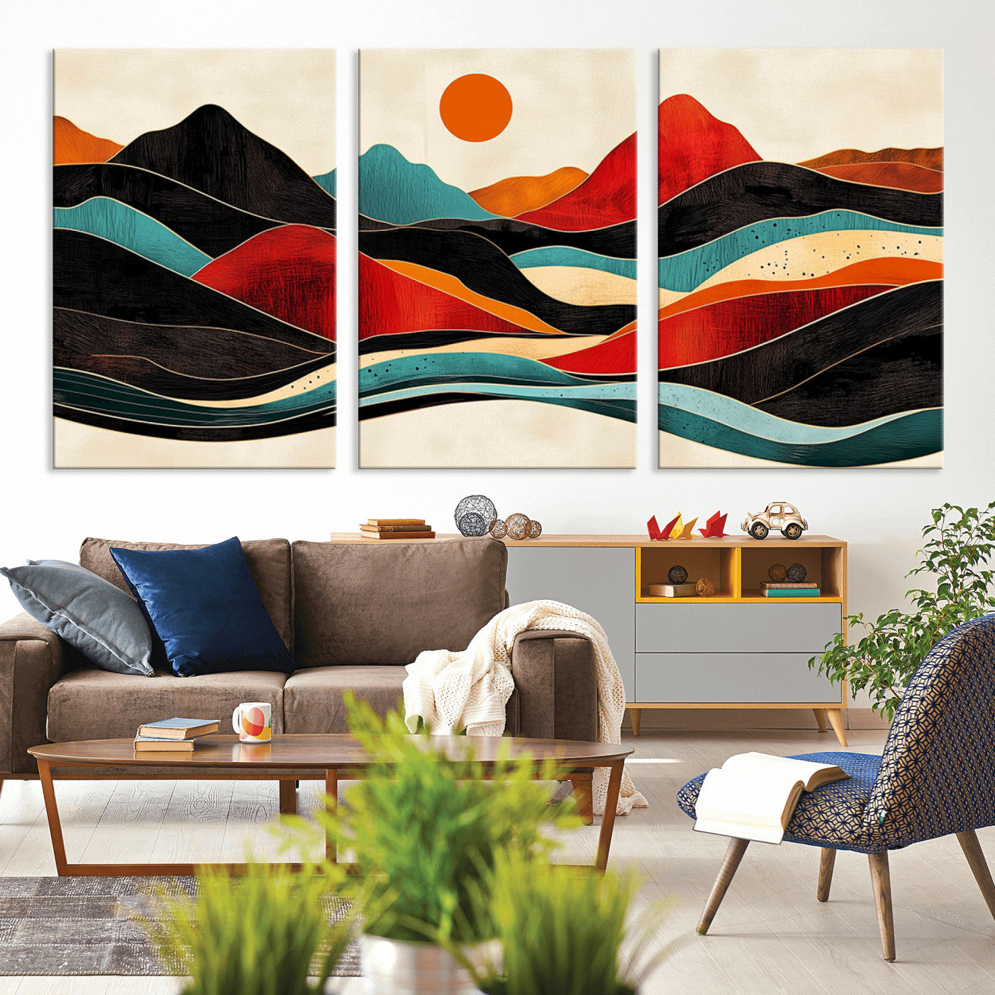 MGV-CV-60X30-3P - Western Wall Decor - Large Triptych Mountain Canvas - Boho Woodland Wall Art Print - Framed