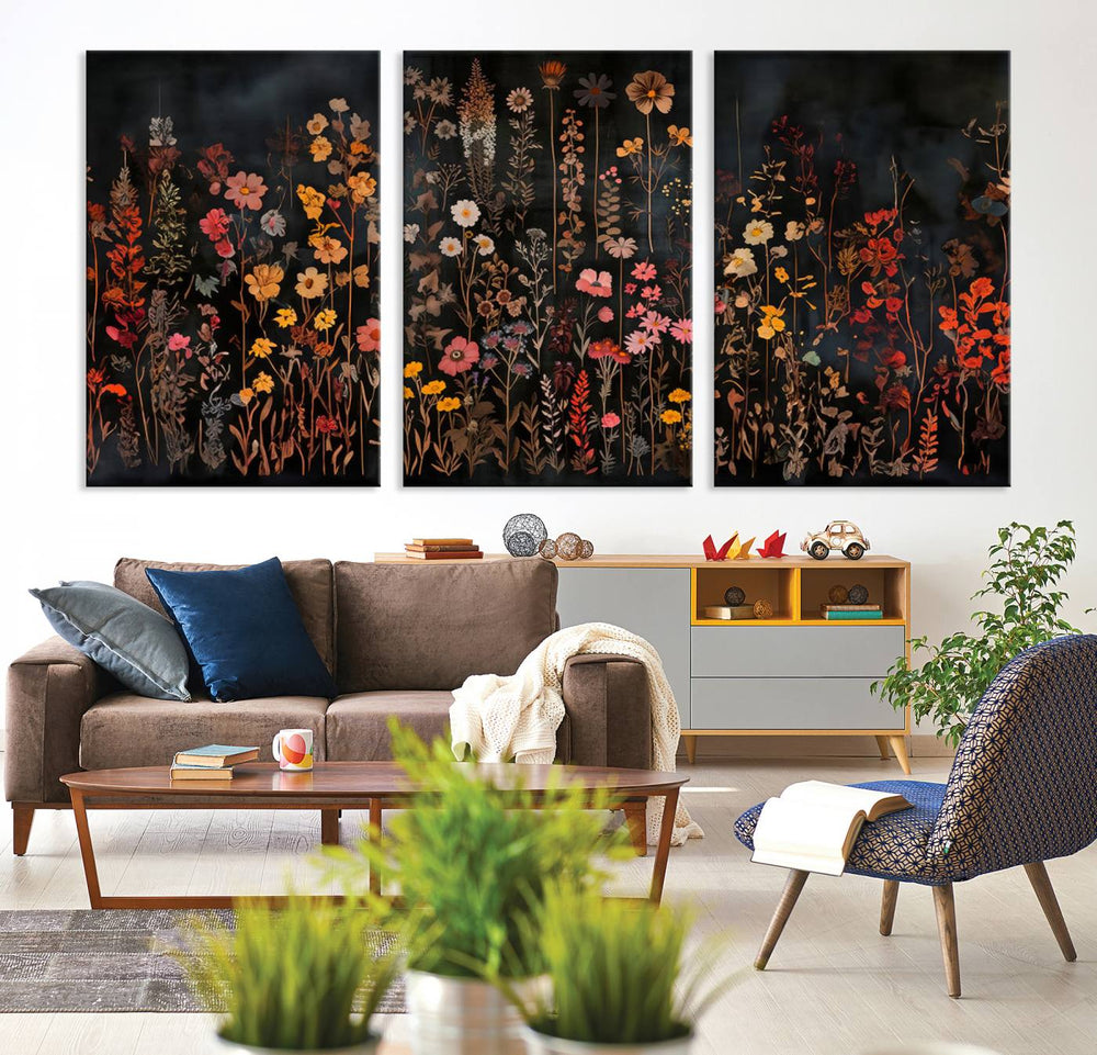 The Dark Floral Canvas Wall Art features colorful wildflowers set against a dark background, offering a rustic horizontal floral design.