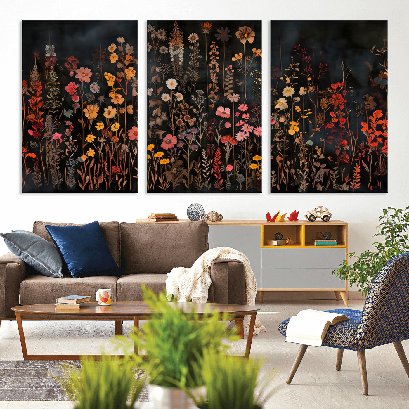 MGV-CV-60X30-3P - Dark Floral Canvas Wall Art - Moody Botanical Flower Print - Rustic Floral Wall Decor for Home -
