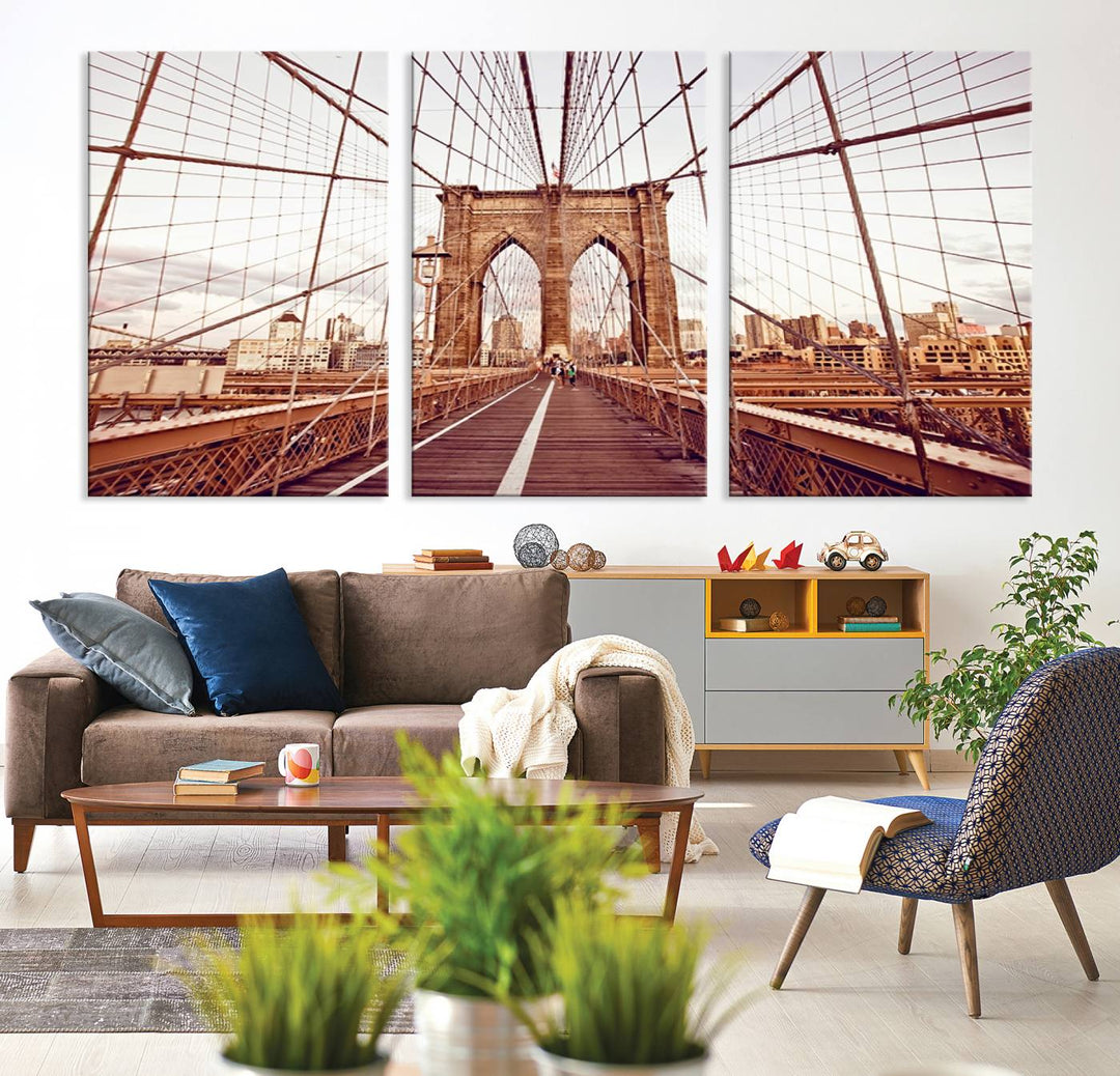 The three-panel "Wall Art New York Manhattan Cityscape Canvas Print" of the Brooklyn Bridge makes an ideal addition to minimalist interiors, capturing the essence of abstract expressionism.