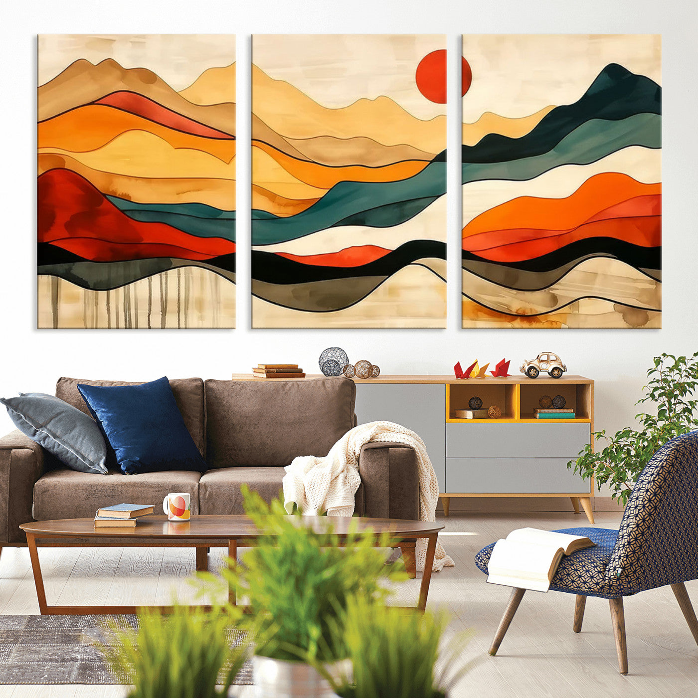 MGV-CV-60X30-3P - Mid Century Wall Art Print  - Abstract Woodland Print - Modern Art Panoramic Mountain Wall Art