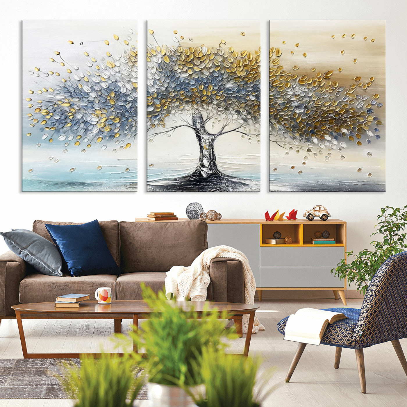 An elegant impasto painting featuring a tree with shimmering silver and gold leaves, blending soft pastels to create a calm and sophisticated atmosphere.