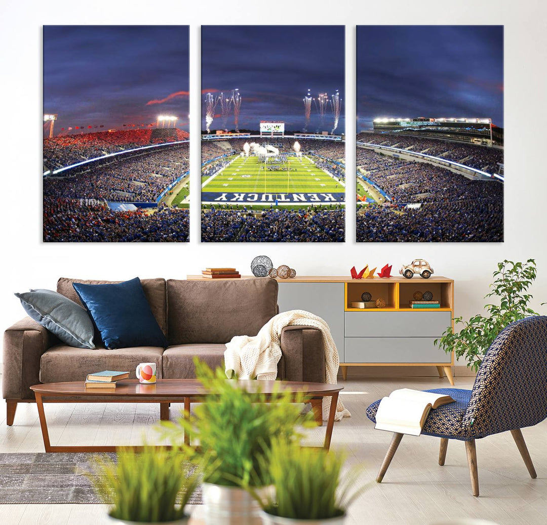 A filled stadium at dusk and fireworks overhead are beautifully captured in the Kroger Field Canvas Wall Art - Sunset Football Stadium Decor.