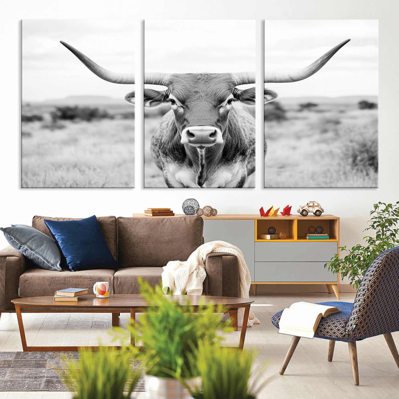 MGV-CV-60X30-3P - Highland Cow Wall Art Print - Black and White Texas Western Longhorn Canvas - Farmhouse Decor Print