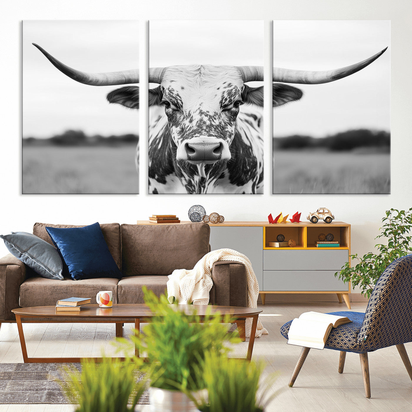 MGV-CV-60X30-3P - Highland Cow Wall Art - Black and White Western Longhorn Canvas Print - Farmhouse Living Room Decor