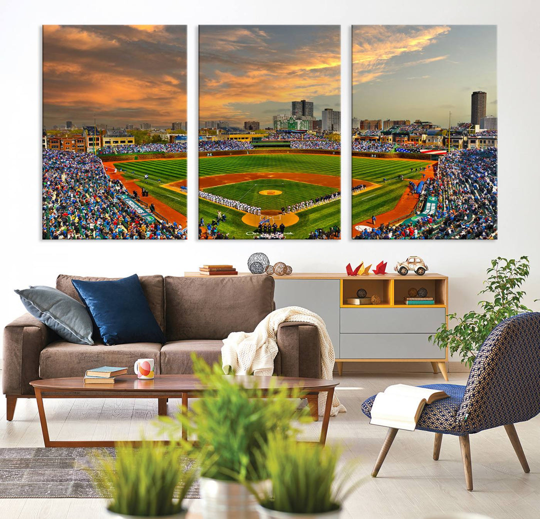 Aerial view of Wrigley Field at sunset against a vibrant sky, creating the perfect Chicago Wrigley Field Canvas Wall Art.