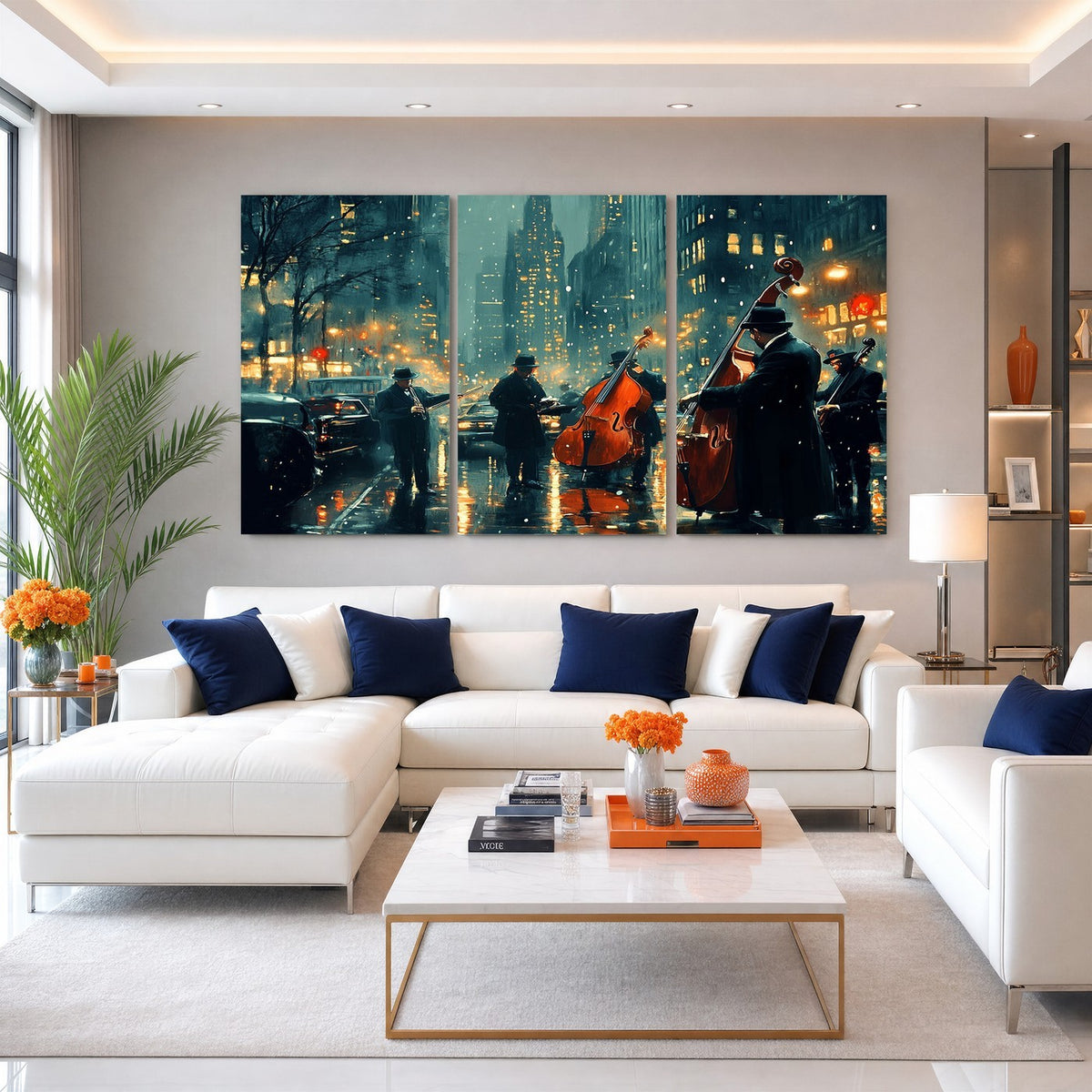 53391-MGV-CV-24X16 - Urban Night Jazz Wall Art Canvas Print | Moody Rain Soaked City Street Band Scene